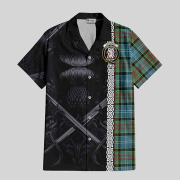 Cathcart Tartan Short Sleeve Button Shirt with Family Crest Cross Sword Thistle Celtic Vibes