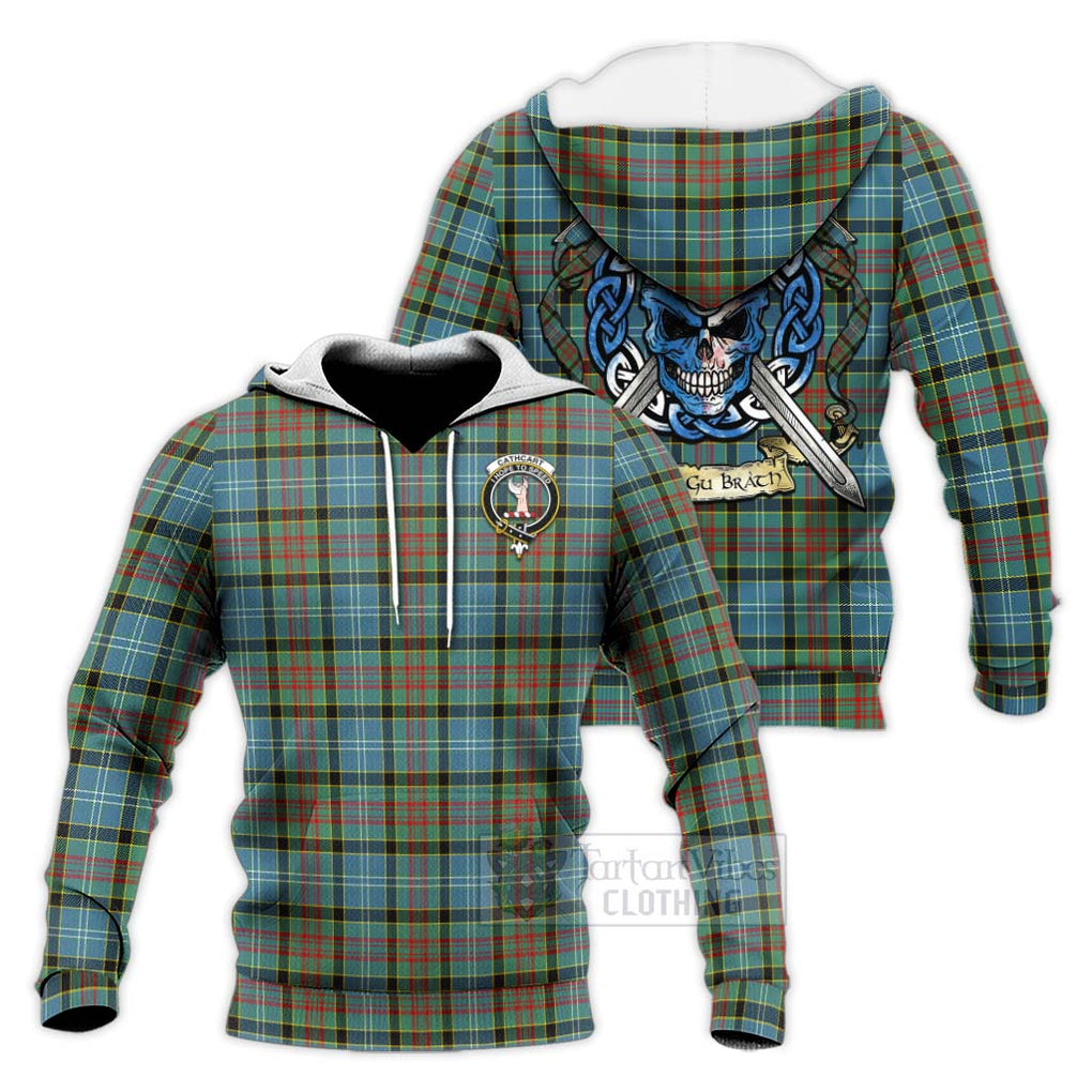 Tartan Vibes Clothing Cathcart Tartan Knitted Hoodie with Family Crest Celtic Skull Style