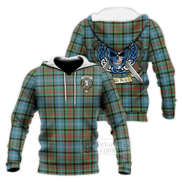 Cathcart Tartan Knitted Hoodie with Family Crest Celtic Skull Style