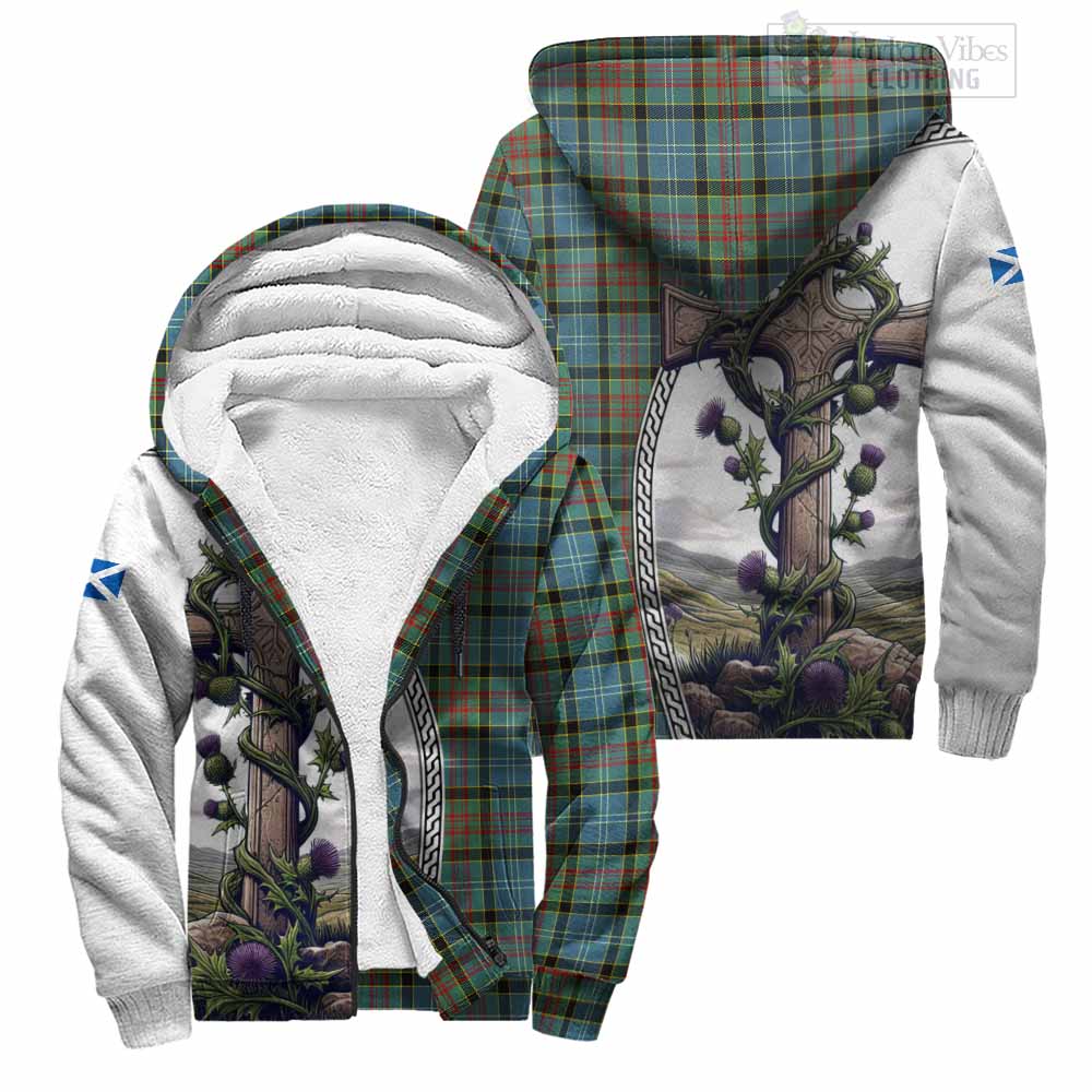 Tartan Vibes Clothing Cathcart Tartan Sherpa Hoodie with Family Crest and St. Andrew's Cross Accented by Thistle Vines