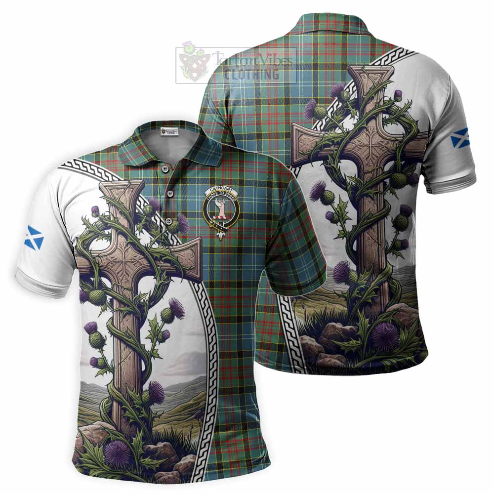 Tartan Vibes Clothing Cathcart Tartan Polo Shirt with Family Crest and St. Andrew's Cross Accented by Thistle Vines