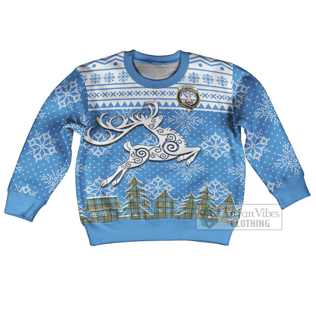 Tartan Vibes Clothing Cathcart Clan Christmas Kid Ugly Sweater with Tartan and Celtic Raindeer Style