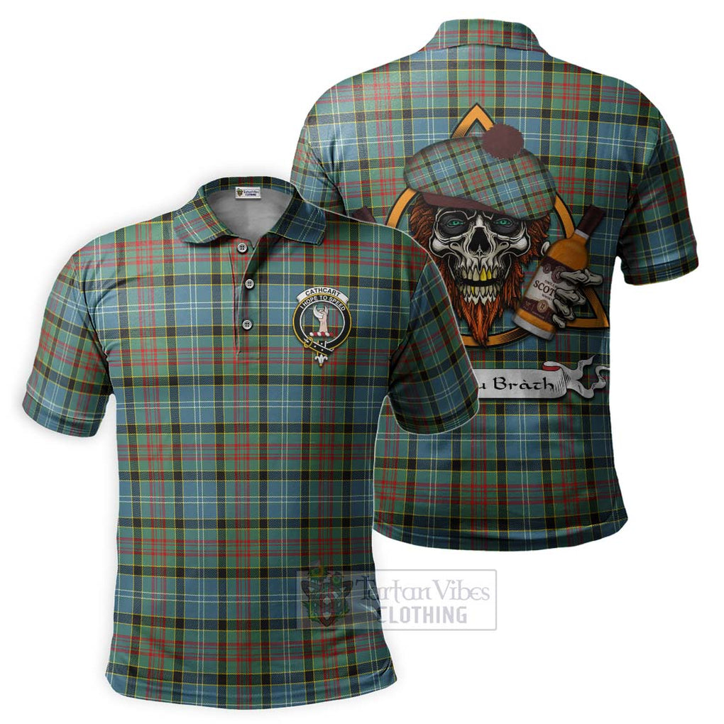 Tartan Vibes Clothing Cathcart Tartan Polo Shirt with Family Crest and Bearded Skull Holding Bottles of Whiskey