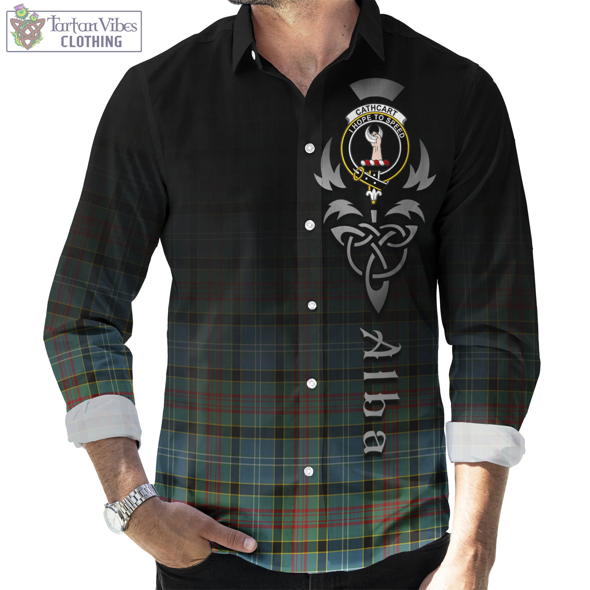 Tartan Vibes Clothing Cathcart Tartan Long Sleeve Button Up Featuring Alba Gu Brath Family Crest Celtic Inspired