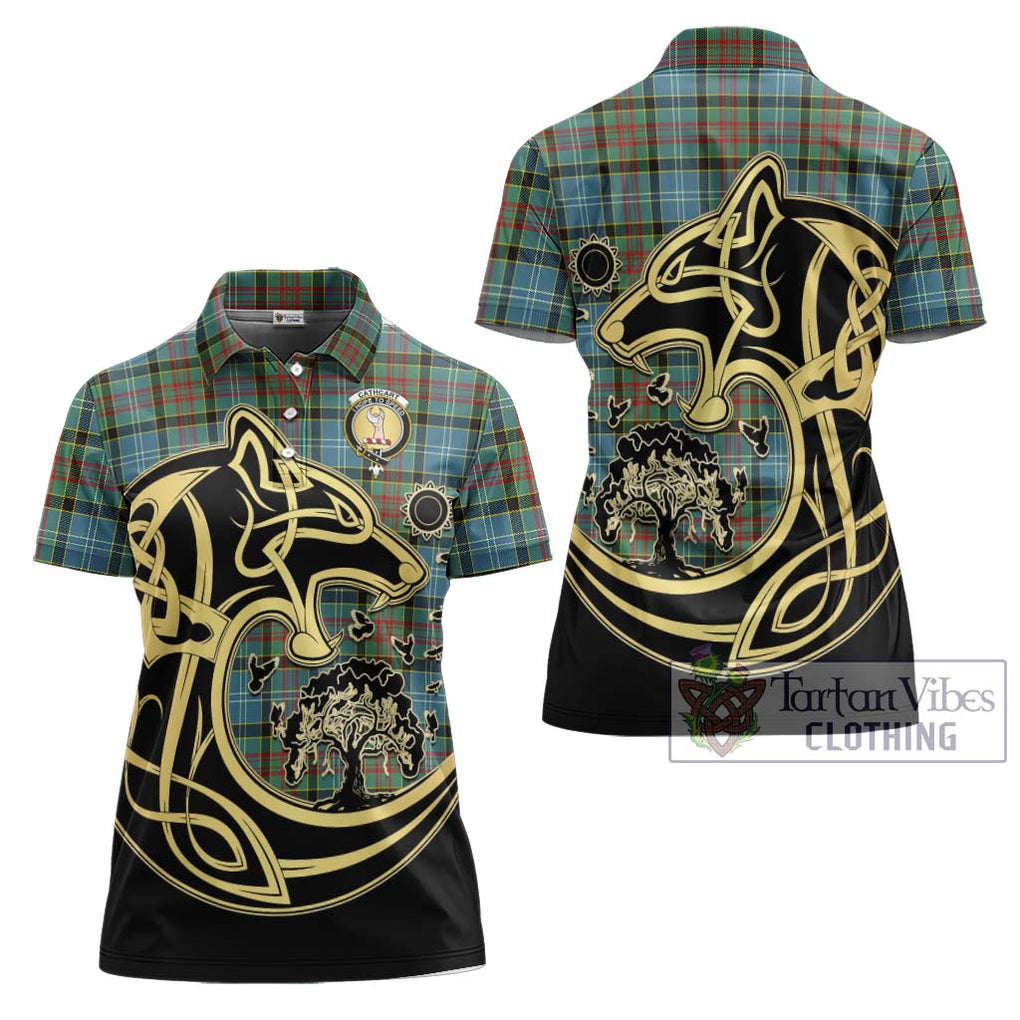 Cathcart Tartan Women's Polo Shirt with Family Crest Celtic Wolf Style Women - Tartanvibesclothing Shop