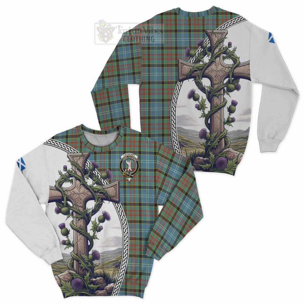 Tartan Vibes Clothing Cathcart Tartan Sweatshirt with Family Crest and St. Andrew's Cross Accented by Thistle Vines