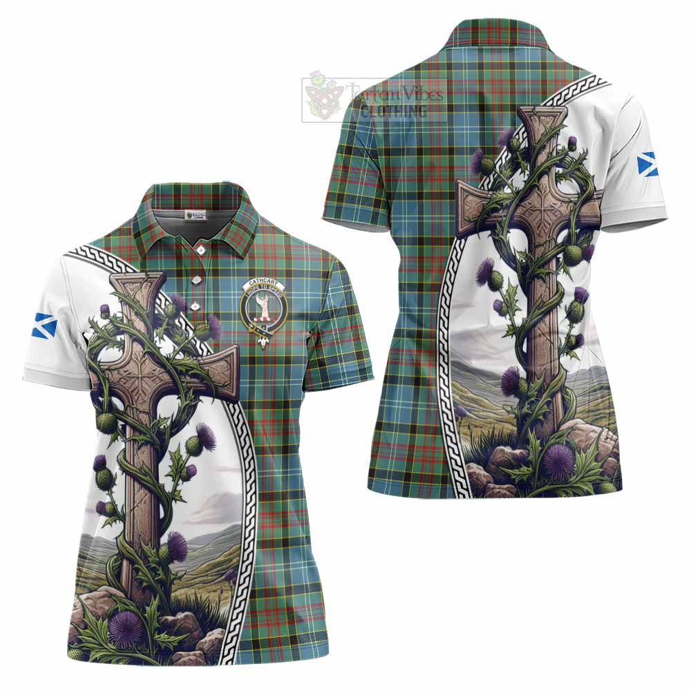 Tartan Vibes Clothing Cathcart Tartan Women's Polo Shirt with Family Crest and St. Andrew's Cross Accented by Thistle Vines