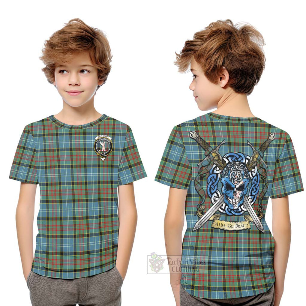 Tartan Vibes Clothing Cathcart Tartan Kid T-Shirt with Family Crest Celtic Skull Style