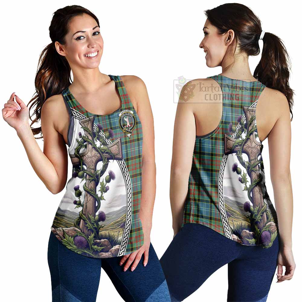 Tartan Vibes Clothing Cathcart Tartan Women's Racerback Tanks with Family Crest and St. Andrew's Cross Accented by Thistle Vines