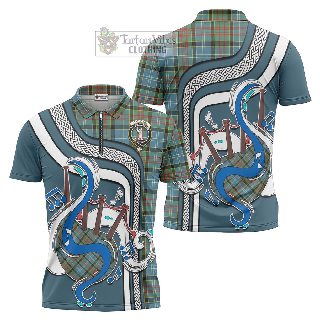 Cathcart Tartan Zipper Polo Shirt with Epic Bagpipe Style Unisex - Tartanvibesclothing Shop