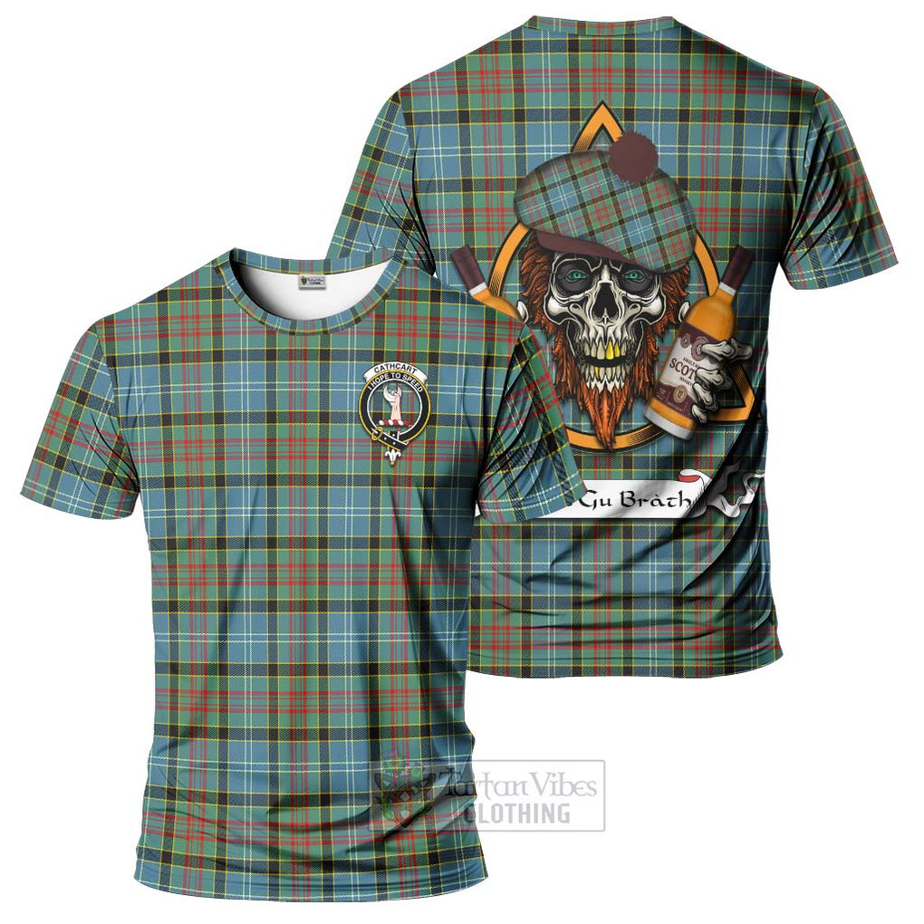 Tartan Vibes Clothing Cathcart Tartan T-Shirt with Family Crest and Bearded Skull Holding Bottles of Whiskey