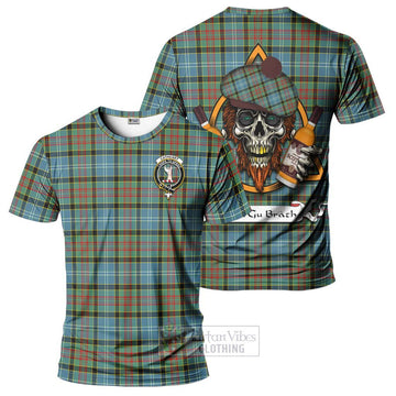 Cathcart Tartan T-Shirt with Family Crest and Bearded Skull Holding Bottles of Whiskey