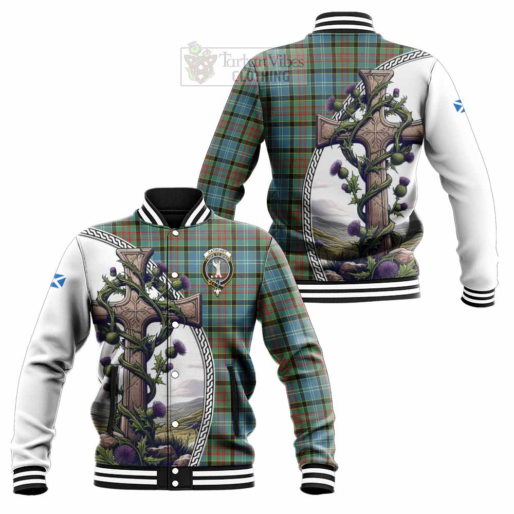 Tartan Vibes Clothing Cathcart Tartan Baseball Jacket with Family Crest and St. Andrew's Cross Accented by Thistle Vines