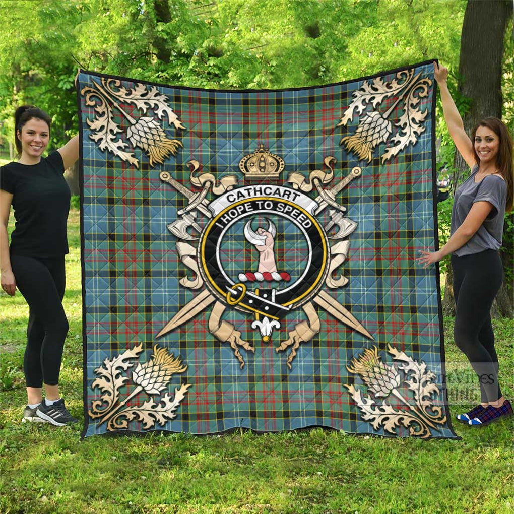 Tartan Vibes Clothing Cathcart Tartan Quilt with Family Crest and Scottish Golden Courage Shield