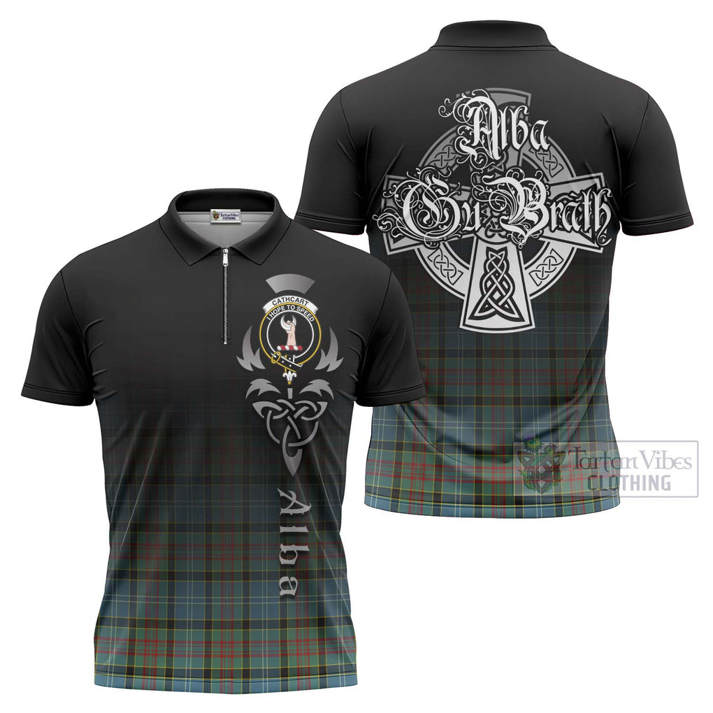 Tartan Vibes Clothing Cathcart Tartan Zipper Polo Shirt Featuring Alba Gu Brath Family Crest Celtic Inspired