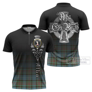 Cathcart Tartan Zipper Polo Shirt Featuring Alba Gu Brath Family Crest Celtic Inspired