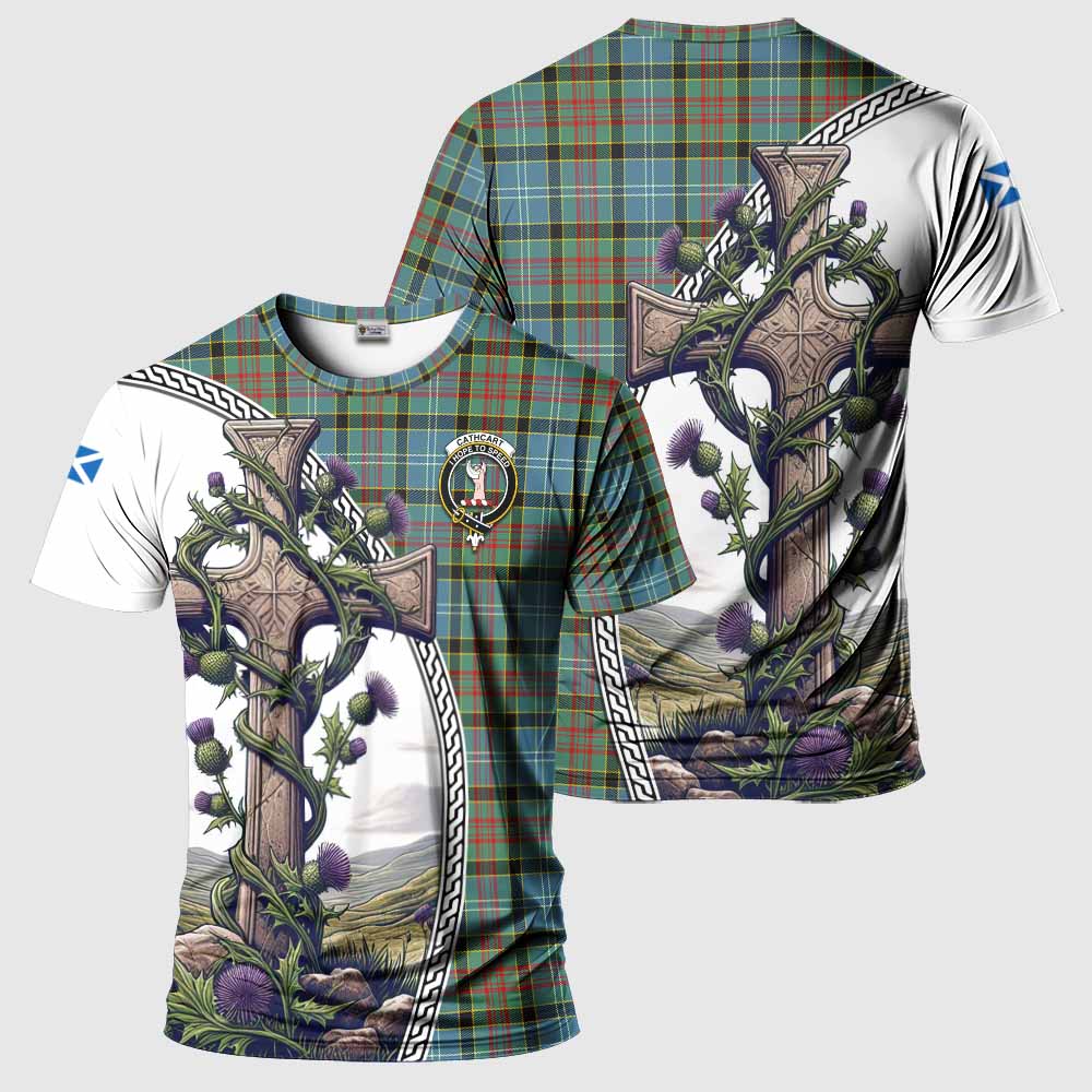 Tartan Vibes Clothing Cathcart Agnew Tartan T-Shirt with Family Crest and St. Andrew's Cross Accented by Thistle Vines