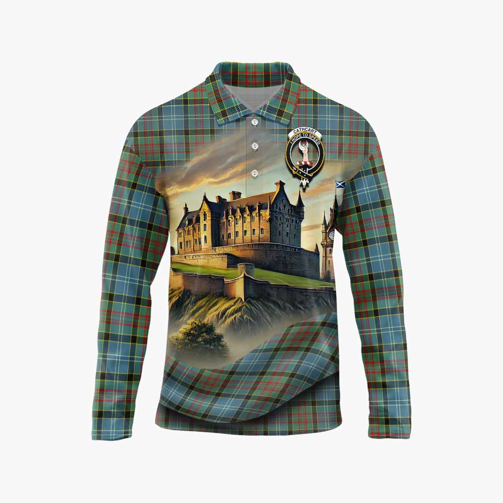Cathcart Tartan Family Crest Long Sleeve Polo Shirt with Scottish Ancient Castle Style Unisex - Tartan Vibes Clothing