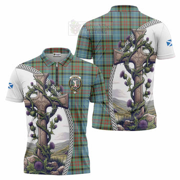 Cathcart Tartan Zipper Polo Shirt with Family Crest and St. Andrew's Cross Accented by Thistle Vines