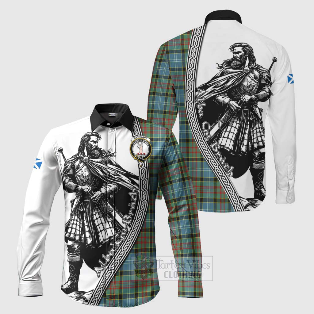 Tartan Vibes Clothing Cathcart Tartan Clan Crest Long Sleeve Button Shirt with Highlander Warrior Celtic Style