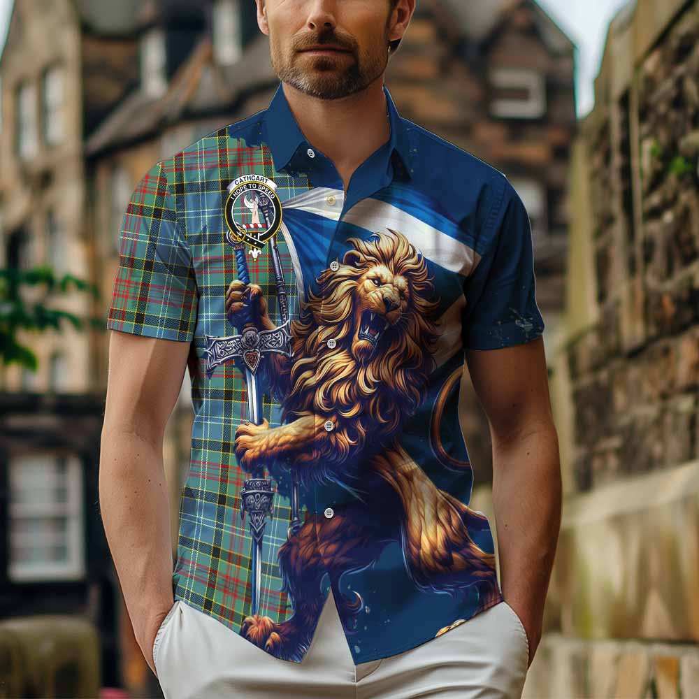 Tartan Vibes Clothing Cathcart Tartan Family Crest Short Sleeve Button Shirt with Scottish Majestic Lion