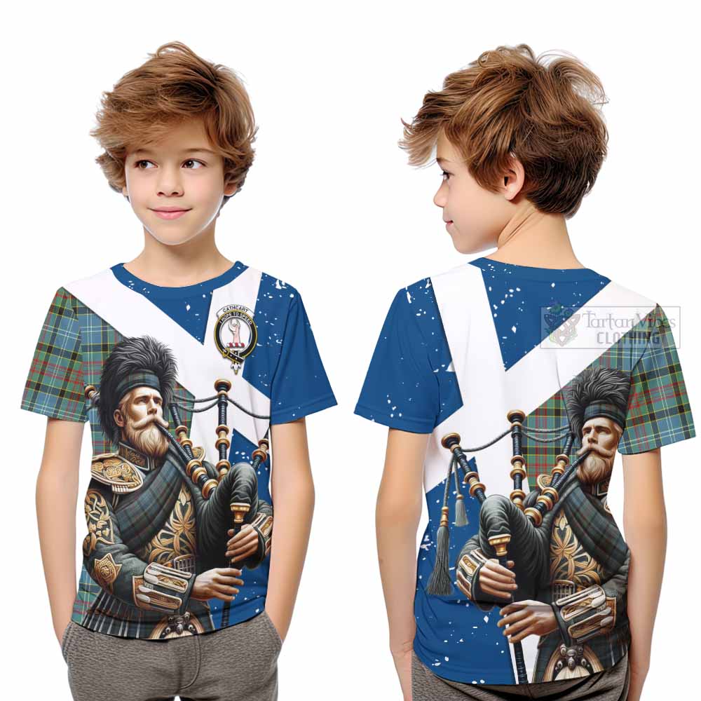 Tartan Vibes Clothing Cathcart Tartan Kid T-Shirt with Family Crest Scottish Bagpiper Vibes