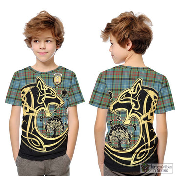 Cathcart Tartan Kid T-Shirt with Family Crest Celtic Wolf Style