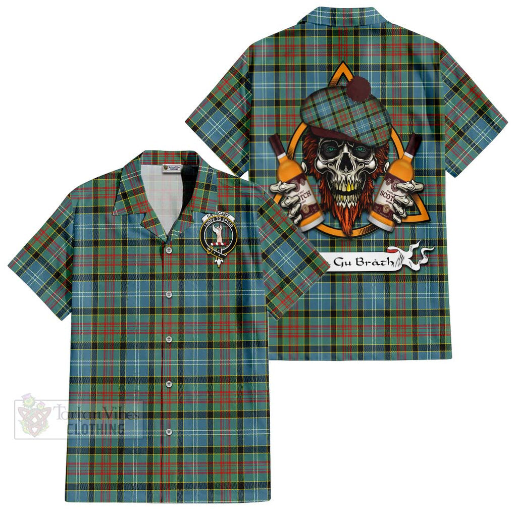 Tartan Vibes Clothing Cathcart Tartan Short Sleeve Button Shirt with Family Crest and Bearded Skull Holding Bottles of Whiskey