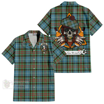 Cathcart Tartan Short Sleeve Button Shirt with Family Crest and Bearded Skull Holding Bottles of Whiskey