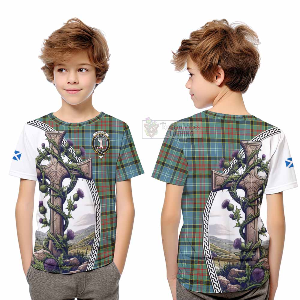 Tartan Vibes Clothing Cathcart Tartan Kid T-Shirt with Family Crest and St. Andrew's Cross Accented by Thistle Vines