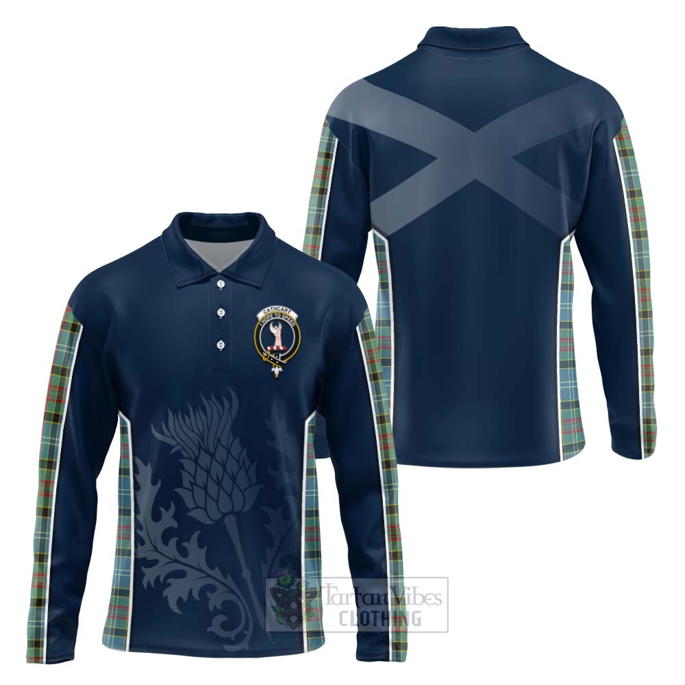 Tartan Vibes Clothing Cathcart Tartan Long Sleeve Polo Shirt with Family Crest and Scottish Thistle Vibes Sport Style