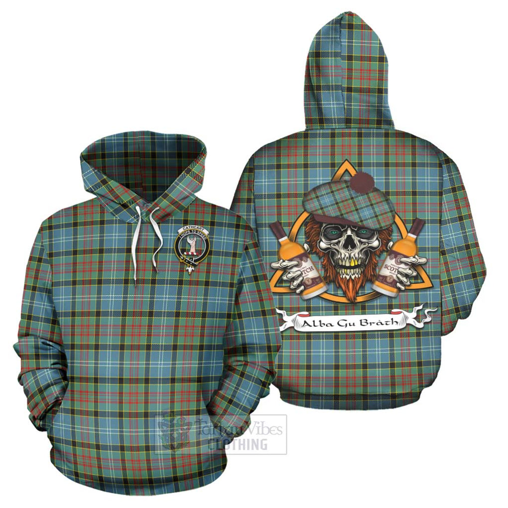 Tartan Vibes Clothing Cathcart Tartan Hoodie with Family Crest and Bearded Skull Holding Bottles of Whiskey