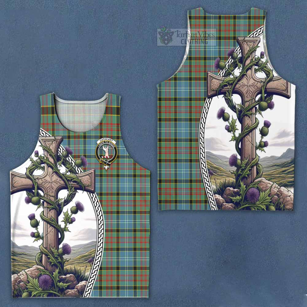 Tartan Vibes Clothing Cathcart Tartan Men's Tank Top with Family Crest and St. Andrew's Cross Accented by Thistle Vines