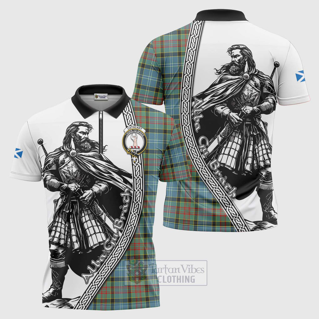 Tartan Vibes Clothing Cathcart Tartan Clan Crest Zipper Polo Shirt with Highlander Warrior Celtic Style