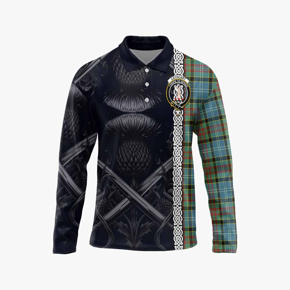 Tartan Vibes Clothing Cathcart Tartan Long Sleeve Polo Shirt with Family Crest Cross Sword Thistle Celtic Vibes