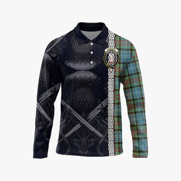 Cathcart Tartan Long Sleeve Polo Shirt with Family Crest Cross Sword Thistle Celtic Vibes