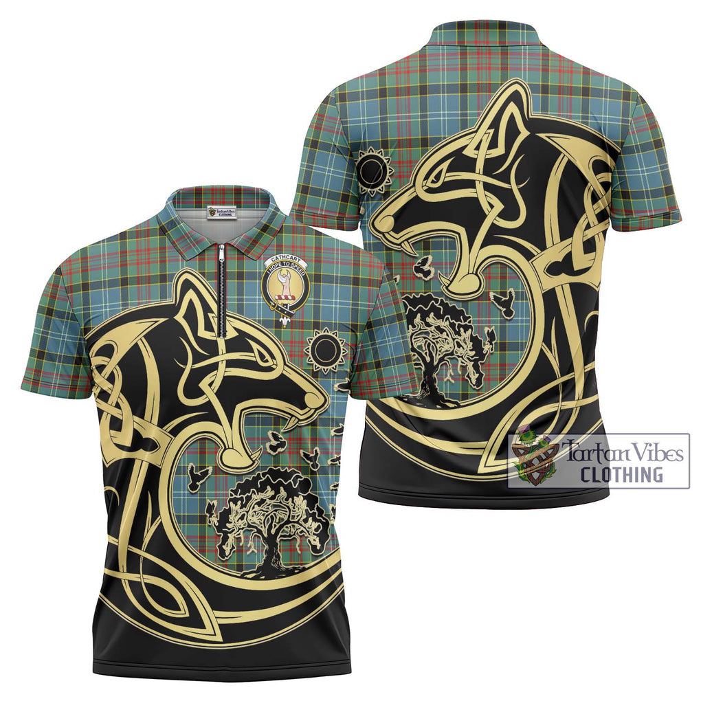 Cathcart Tartan Zipper Polo Shirt with Family Crest Celtic Wolf Style Unisex - Tartanvibesclothing Shop