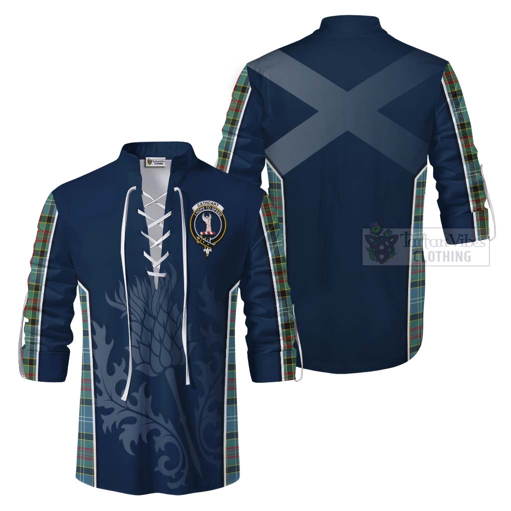 Tartan Vibes Clothing Cathcart Tartan Ghillie Kilt Shirt with Family Crest and Scottish Thistle Vibes Sport Style