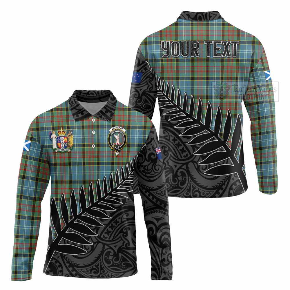 Tartan Vibes Clothing Cathcart Crest Tartan Long Sleeve Polo Shirt with New Zealand Silver Fern Half Style