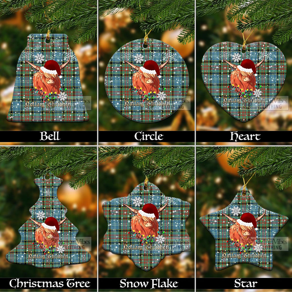 Tartan Vibes Clothing Cathcart Clan Tartan Ornament with Christmas Twinkle Highland Cattle