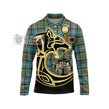 Cathcart Tartan Long Sleeve Polo Shirt with Family Crest Celtic Wolf Style