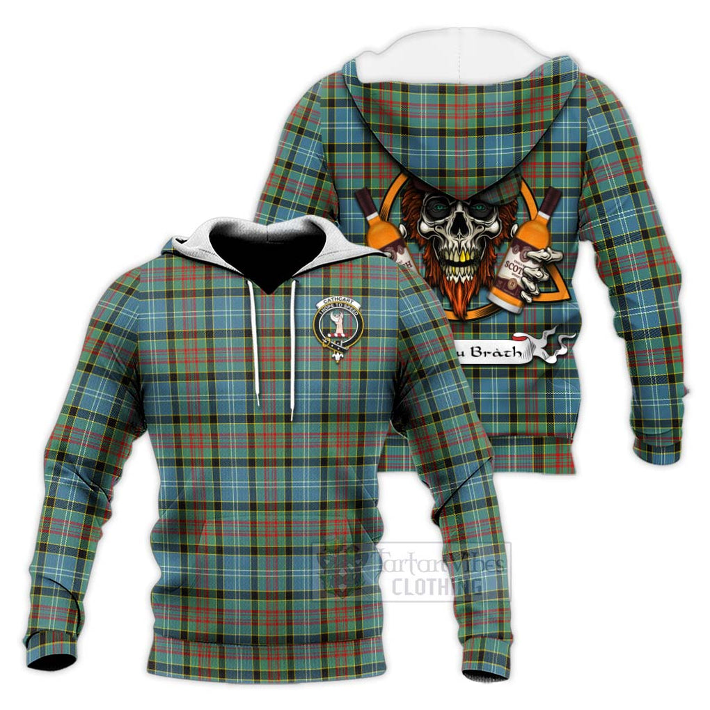 Tartan Vibes Clothing Cathcart Tartan Knitted Hoodie with Family Crest and Bearded Skull Holding Bottles of Whiskey