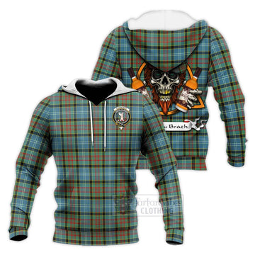 Cathcart Tartan Knitted Hoodie with Family Crest and Bearded Skull Holding Bottles of Whiskey