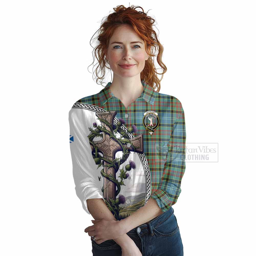 Tartan Vibes Clothing Cathcart Tartan Women's Casual Shirt with Family Crest and St. Andrew's Cross Accented by Thistle Vines