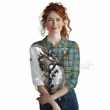 Cathcart Tartan Women's Casual Shirt with Family Crest and St. Andrew's Cross Accented by Thistle Vines