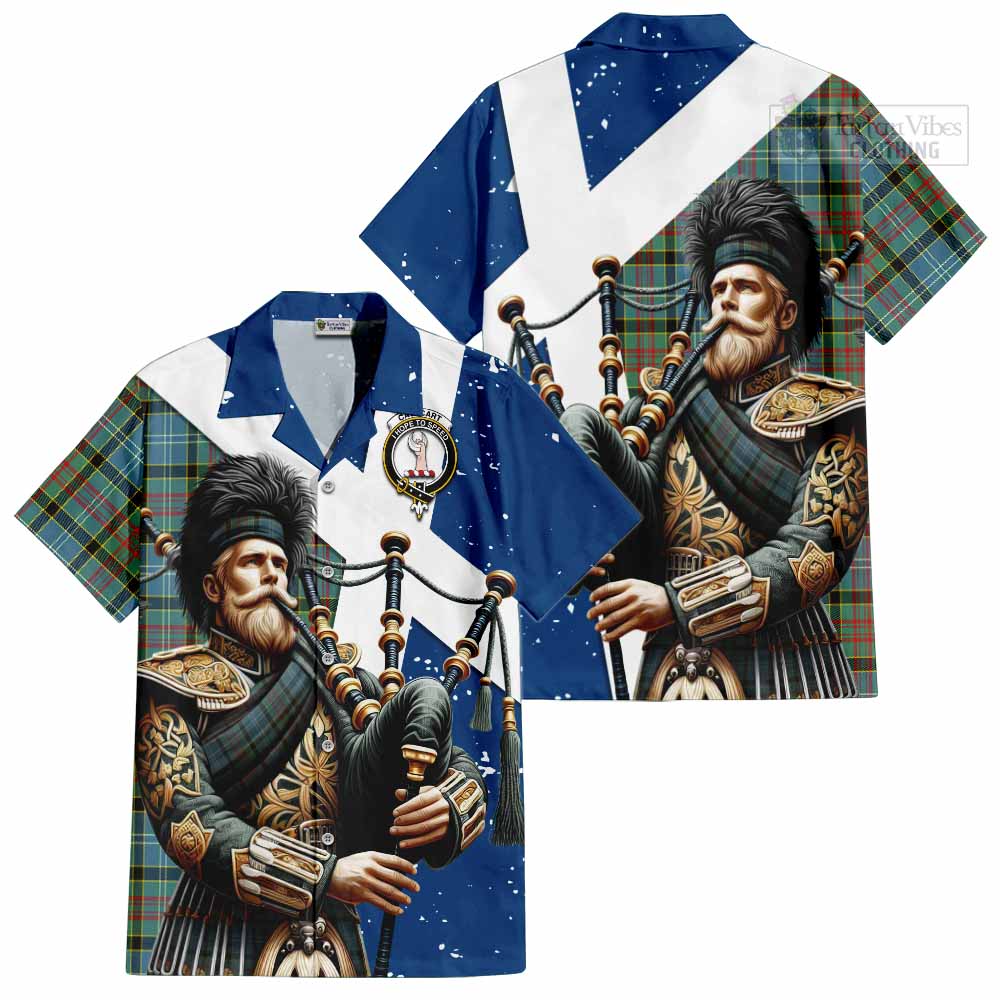 Tartan Vibes Clothing Cathcart Tartan Short Sleeve Button Shirt with Family Crest Scottish Bagpiper Vibes