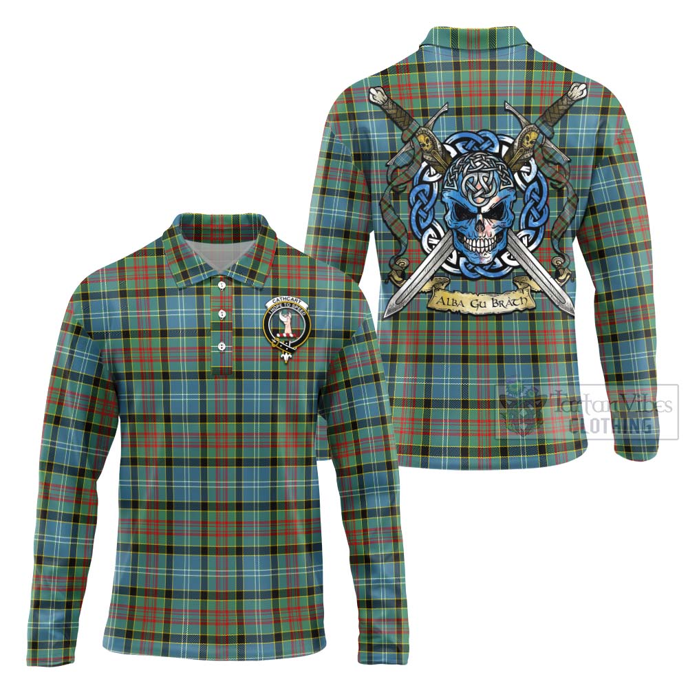 Tartan Vibes Clothing Cathcart Tartan Long Sleeve Polo Shirt with Family Crest Celtic Skull Style