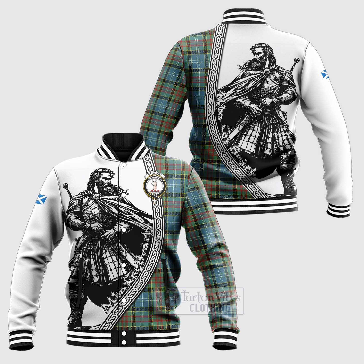 Tartan Vibes Clothing Cathcart Tartan Clan Crest Baseball Jacket with Highlander Warrior Celtic Style