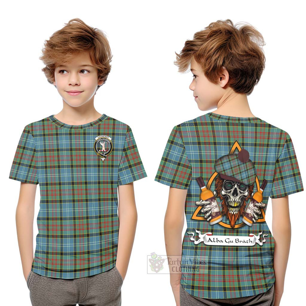 Tartan Vibes Clothing Cathcart Tartan Kid T-Shirt with Family Crest and Bearded Skull Holding Bottles of Whiskey