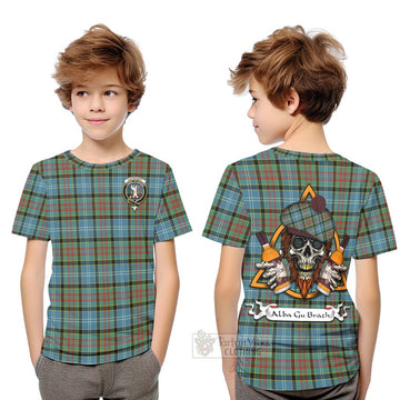 Cathcart Tartan Kid T-Shirt with Family Crest and Bearded Skull Holding Bottles of Whiskey